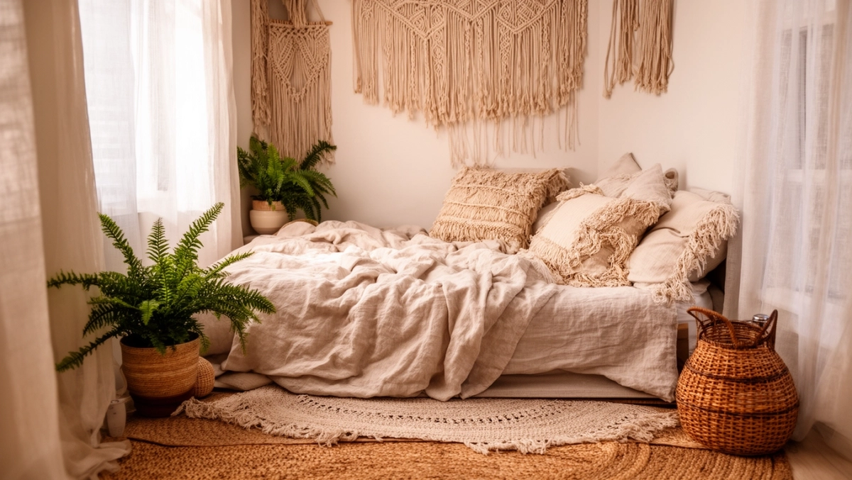 Mała sypialnia w stylu boho